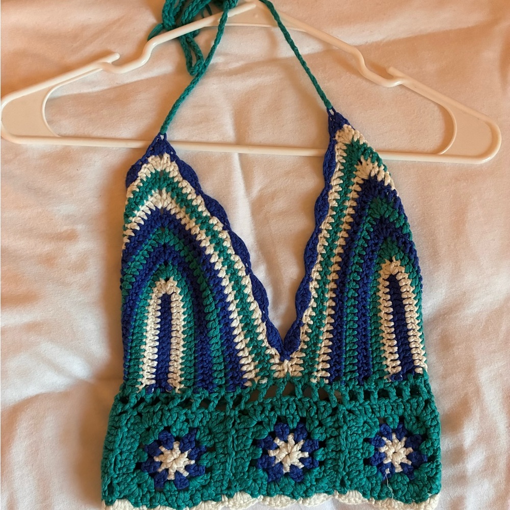 Handmade Crochet Halter Top - Green and Blue